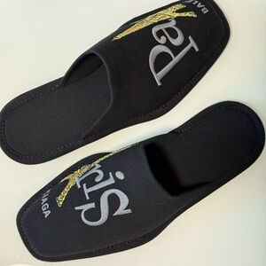 Balenciaga Black Slippers with Gold Eiffel Tower Embroidery